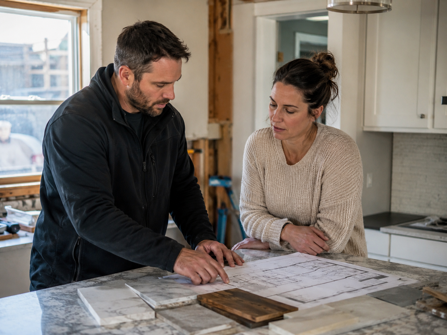 Contractor and client reviewing plans
