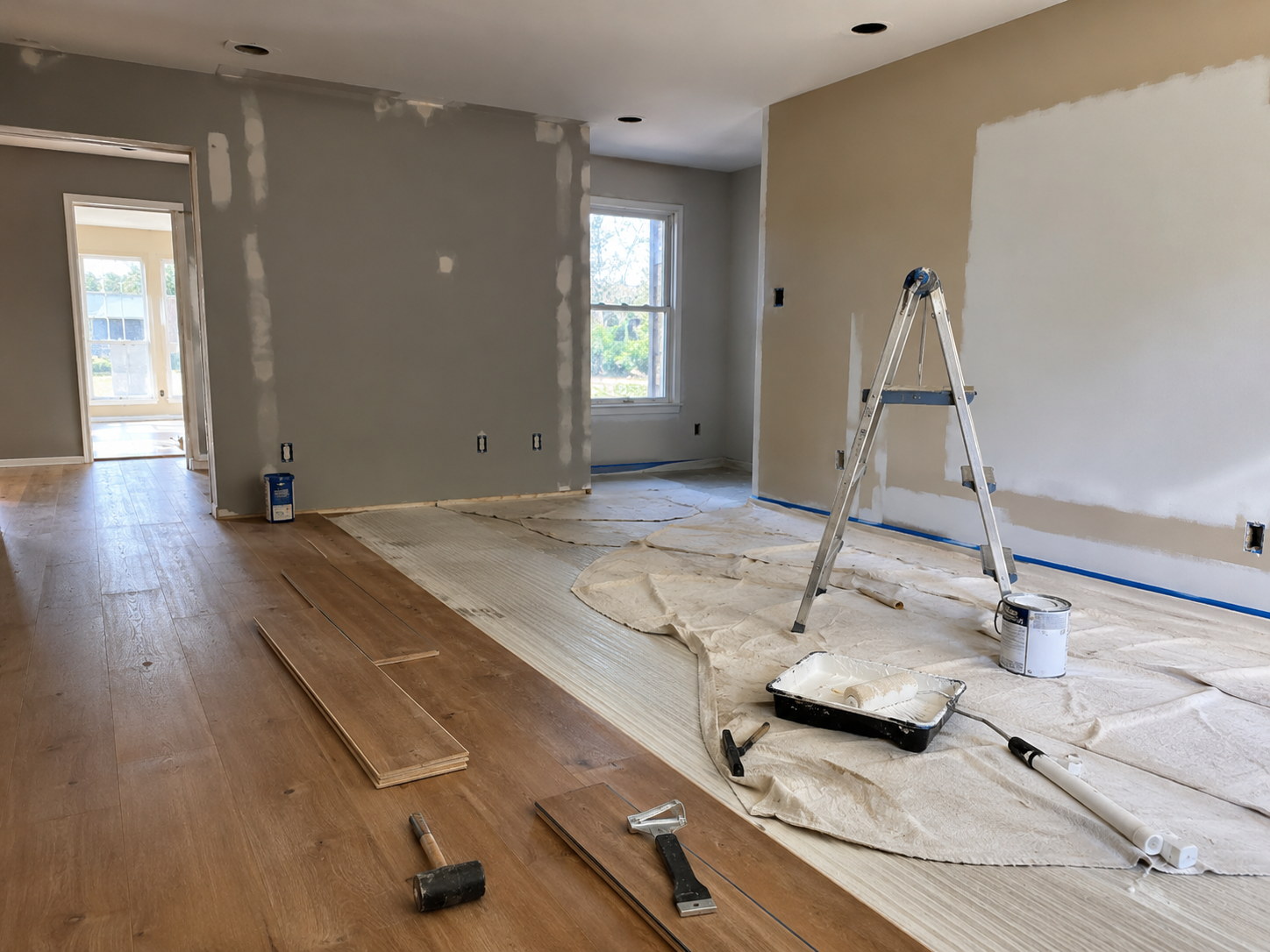 Room renovation with flooring and painting work in progress